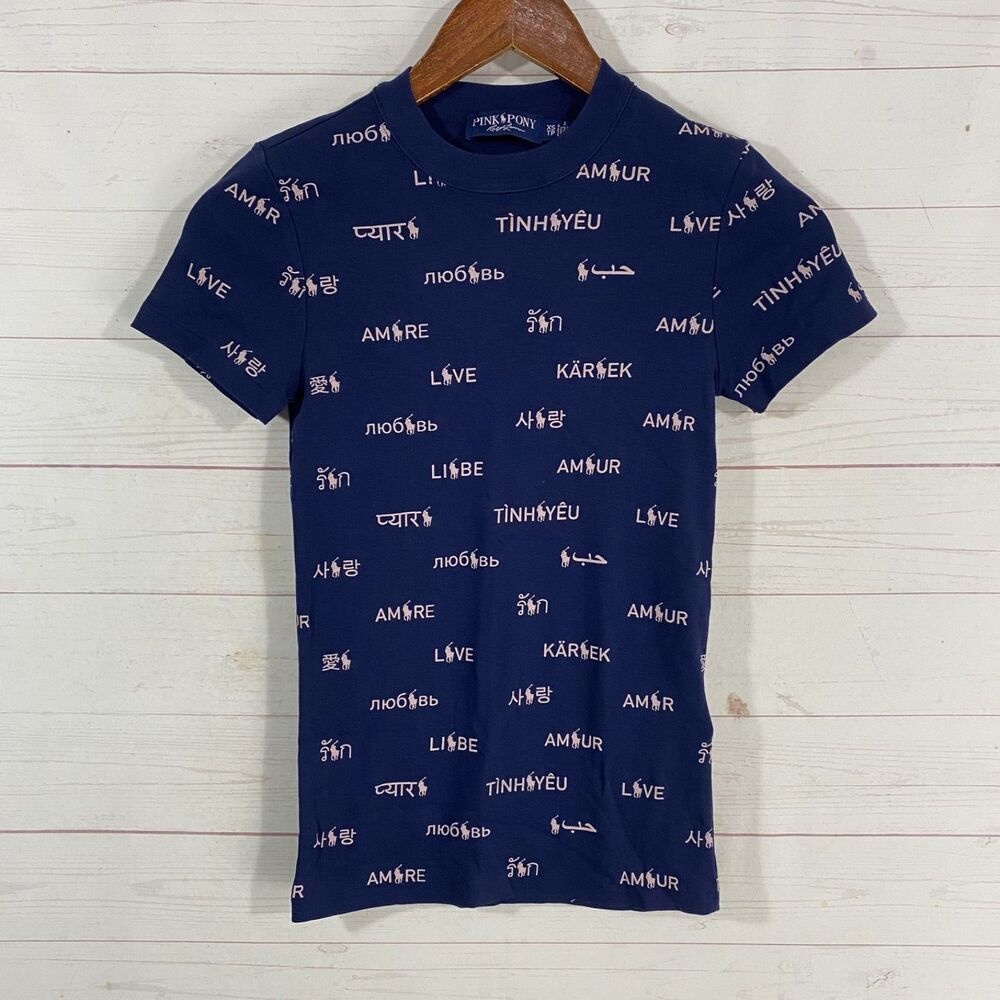 Pink Pony by Ralph Lauren Womens Graphic Tee XS Blue 100% Cotton Crew Neck